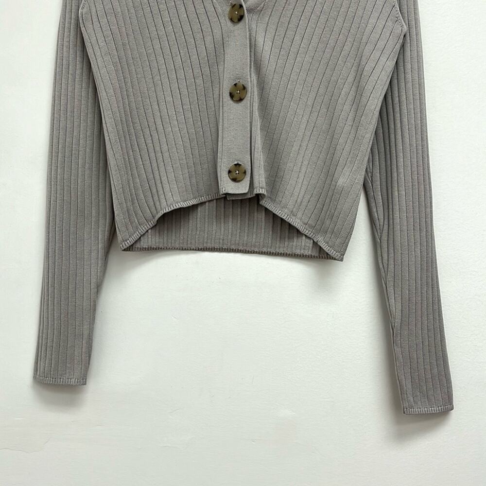 ATM Anthony Thomas Melillo Taupe Ribbed V-Neck Cropped Cardigan - Picture 10 of 12